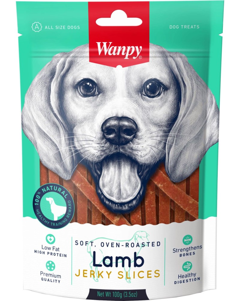 Натурални лакомства за кучета Wanpy Soft Jerky Slices Натурални лакомства за кучета Wanpy Soft Jerky Slices - 100 g, с агнешко филе - храна