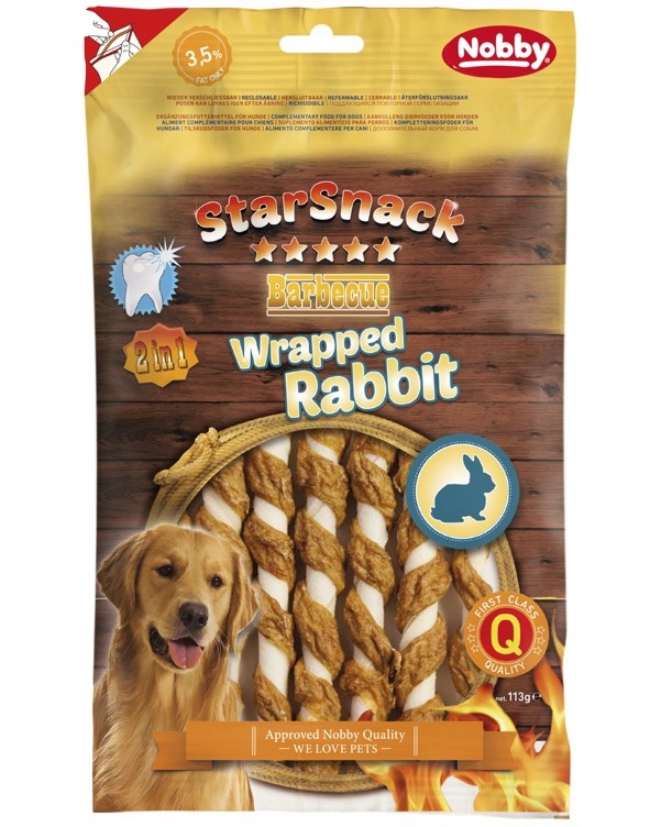 Лакомства за кучета Nobby StarSnack Wrapped Rabbit Лакомства за кучета Nobby StarSnack Wrapped Rabbit - 113 g, със заешко, от серията Barbecue, над 6 месеца - храна