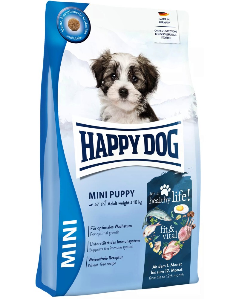 Суха храна за кучета Happy Dog Fit and Vital Mini Puppy Суха храна за кучета Happy Dog Fit and Vital Mini Puppy - 0.8 ÷ 10 kg, от серията Young, от 4 седмици до 12 месеца, до 10 kg - храна