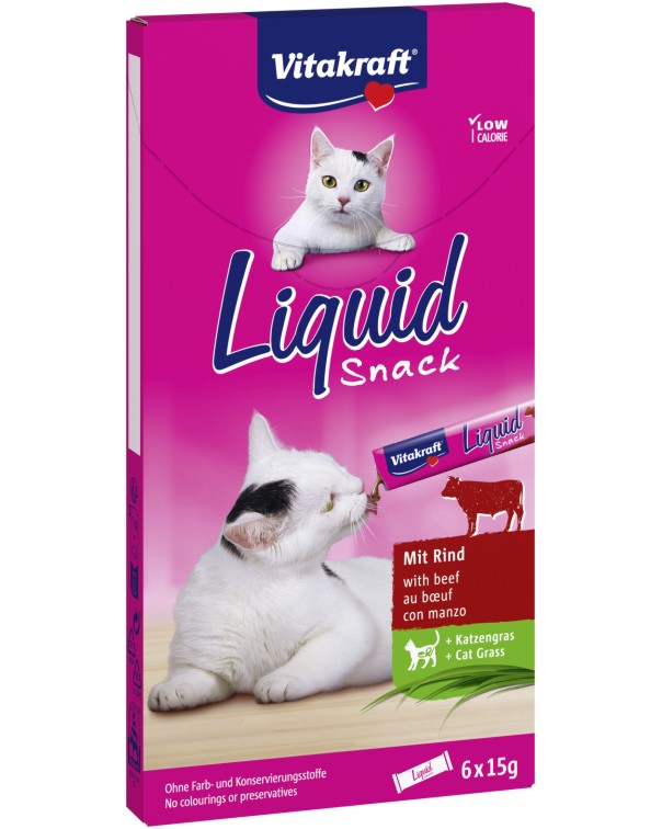 Кремообразни лакомства за котки Vitakraft Liquid Snack Кремообразни лакомства за котки Vitakraft Liquid Snack - 6 x 15 g, с говеждо и котешка трева, за над 3 месеца - храна