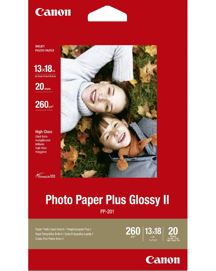 Гланцирана фотохартия Canon Plus Glossy II PP-201 Гланцирана фотохартия Canon Plus Glossy II PP-201 - 20 или 50 листа, 260 g/m<sup>2</sup> -