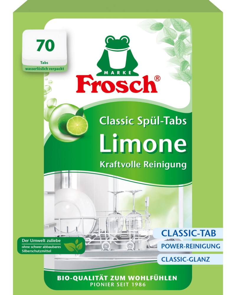 Таблетки за съдомиялна Frosch Classic Таблетки за съдомиялна Frosch Classic - 70 броя, с аромат на зелен лимон - продукт