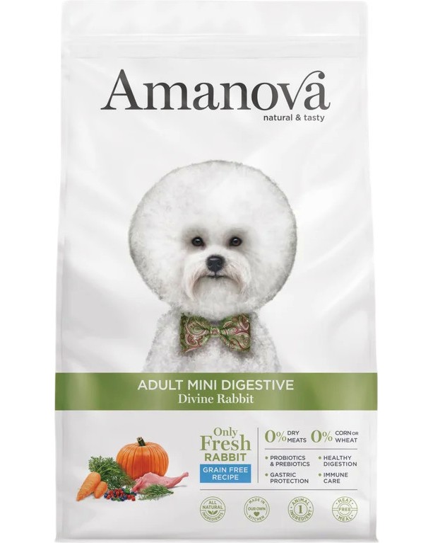 Натурална суха храна за кучета с чувствително храносмилане Amanova Adult Mini Digestive Натурална суха храна за кучета с чувствително храносмилане Amanova Adult Mini Digestive - 0.8 ÷ 7 kg, със заешко, за дребни и малки породи, над 10 месеца - храна