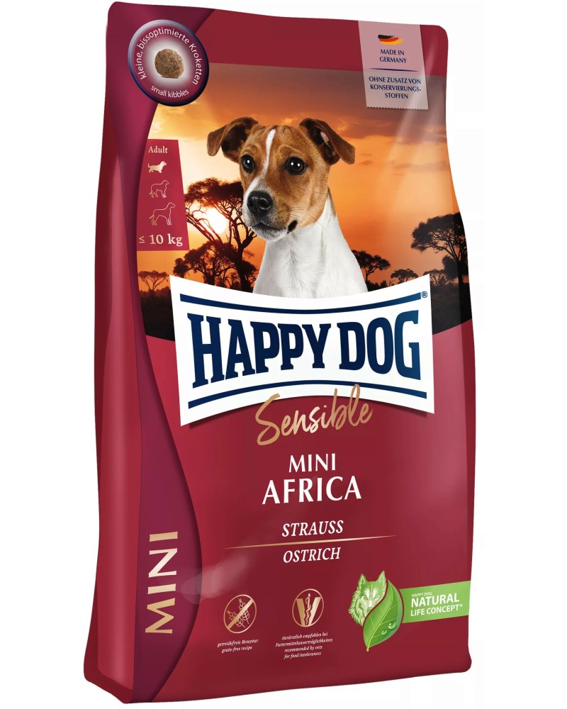Суха храна за кучета с чувствително храносмилане Happy Dog Mini Africa Adult Суха храна за кучета с чувствително храносмилане Happy Dog Mini Africa Adult - 0.8 и 4 kg, с щраусово, от серията Sensible, в зряла възраст, до 10 kg - храна