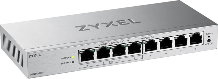 Суич ZyXEL GS1200-8HPV3 Суич ZyXEL GS1200-8HPV3 - 4 x GbE PoE+ RJ45, 4 x GbE RJ45 -