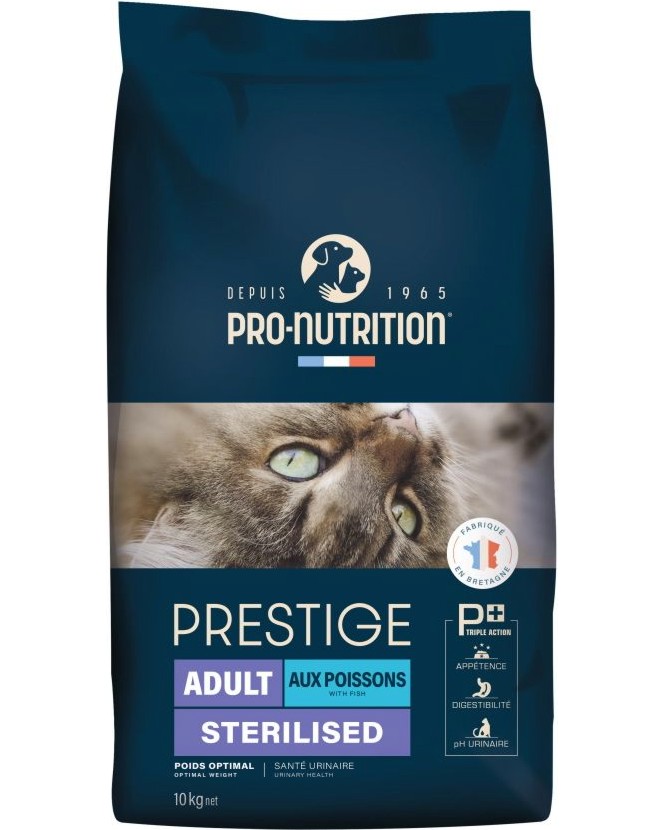 Суха храна за кастрирани котки и със склонност към наднормено тегло Pro-Nutrition Adult Sterilised Суха храна за кастрирани котки и със склонност към наднормено тегло Pro-Nutrition Adult Sterilised - 10 kg, с риба, от серията Prestige Cat, в зряла възраст - храна