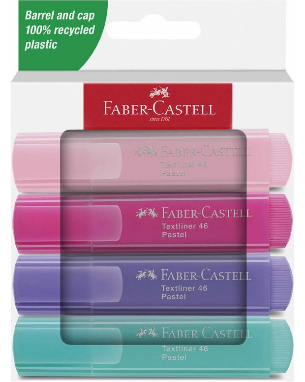Текст маркери със скосен връх Faber-Castell 1546 Текст маркери със скосен връх Faber-Castell 1546 - 4, 6 или 8 пастелни цвята -