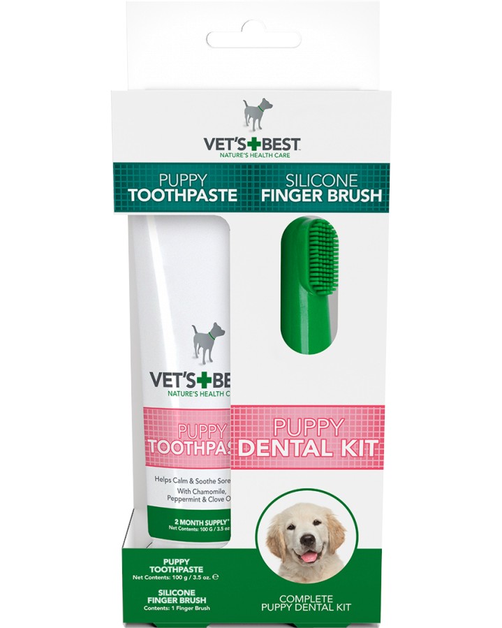 Паста за зъби за кученца Vet's Best Puppy Dental Kit Паста за зъби за кученца Vet's Best Puppy Dental Kit - 100 g, с четка за зъби, от 12 седмици до 3 години - паста за зъби