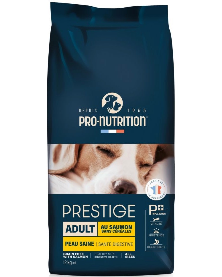 Суха храна за кучета за здрава кожа и козина Pro-Nutrition Adult All Sizes Healthy Skin Суха храна за кучета за здрава кожа и козина Pro-Nutrition Adult All Sizes Healthy Skin - 12 kg, със сьомга, от серията Prestige Dog, за всички породи, с тегло от 2 до 80 kg, в зряла възраст - храна