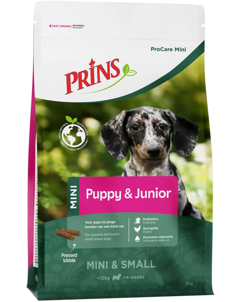 Натурална студено пресована суха храна за кучета Prins Puppy and Junior Perfect Start Натурална студено пресована суха храна за кучета Prins Puppy and Junior Perfect Start - 3 ÷ 15 kg, с пилешко и пуешко, от серията ProCare Mini, от 4 седмици до 1 година - храна