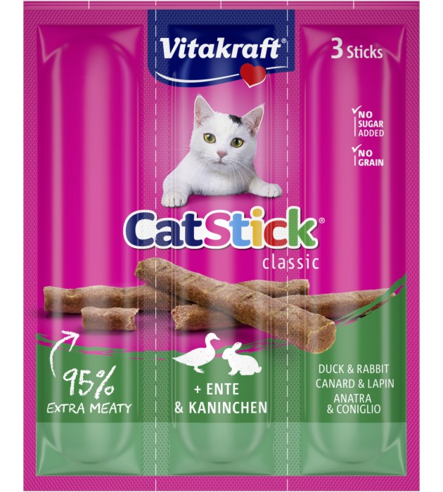 Лакомства за котки Vitakraft Cat Stick Лакомства за котки Vitakraft Cat Stick - 18 g, с патешко и заешко, от серията Classic - храна
