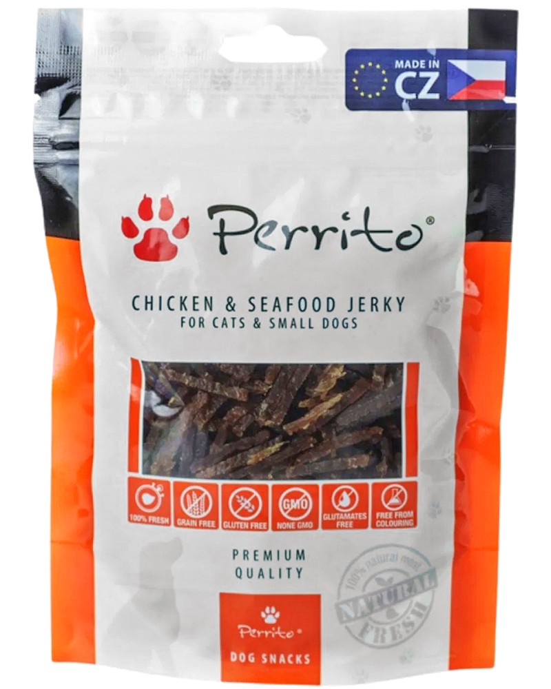 Лакомства за кучета и котки Perrito Лакомства за кучета и котки Perrito - 100 g, с пилешко и морски дарове - храна