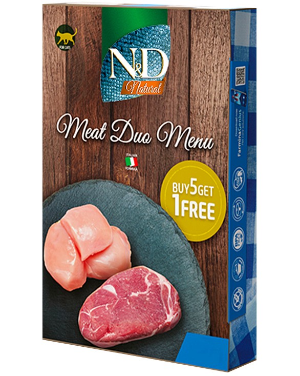 Консерви за котки N&D Natural Meat Duo Menu Консерви за котки N&D Natural Meat Duo Menu - 6 х 70 g, с пилешко и агнешко, над 1 година - храна