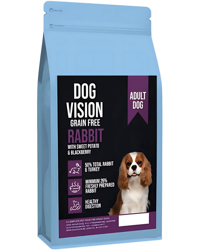 Суха храна за кучета с чувствително храносмилане DOG VISION Grain Free Adult Суха храна за кучета с чувствително храносмилане DOG VISION Grain Free Adult - 2 и 6 kg, със заешко месо, сладък картоф и къпини, над 1 година, за средни породи - храна