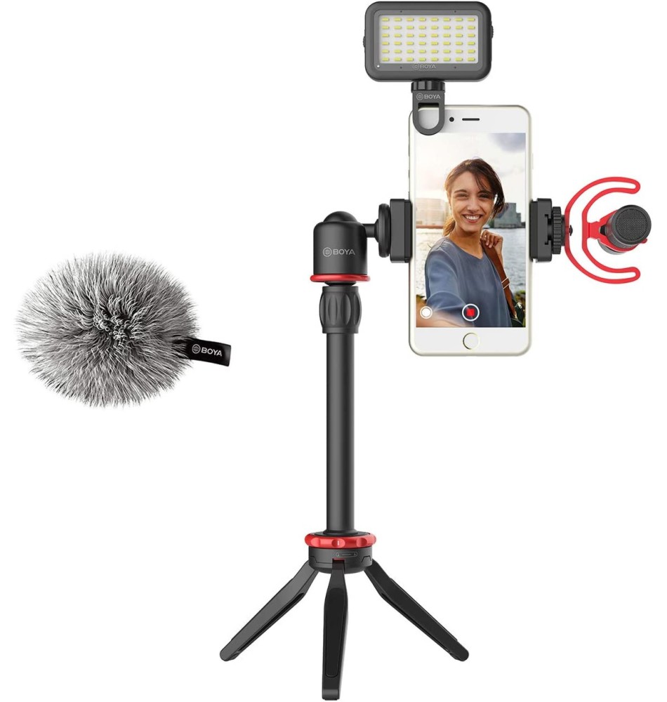 Видео комплект за смартфон BOYA BY-VG350 - Статив, удължителна тръба, видео микрофон, поставка за телефон, LED светлина - 