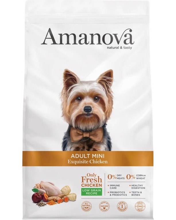Натурална суха храна за кучета Amanova Adult Mini Натурална суха храна за кучета Amanova Adult Mini - 2 и 7 kg, с пилешко, за малки и дребни породи, в зряла възраст - храна