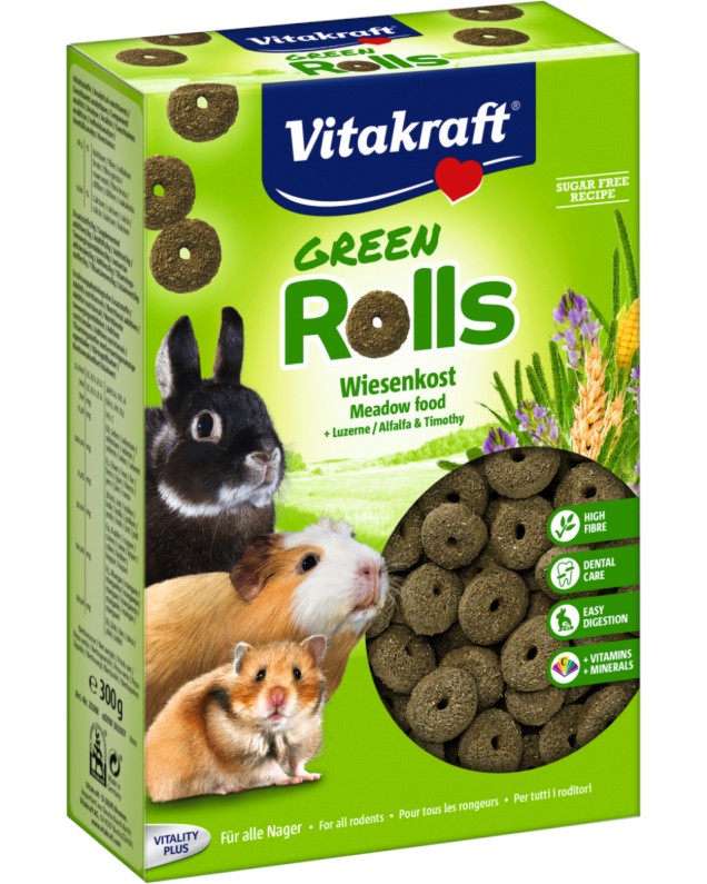 Растителна храна за мини зайчета и гризачи Vitakraft Green Rolls Растителна храна за мини зайчета и гризачи Vitakraft Green Rolls - 300 g, с люцерна и сено от тимотейка - храна