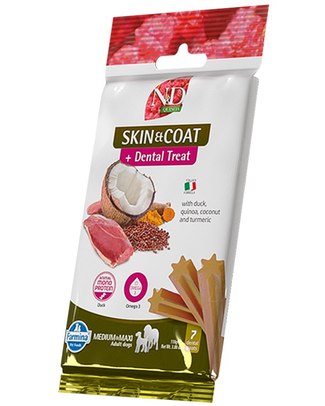 �������� ��������� �� ������ �� ������ ���� � ������� ������ N&D Adult Medium & Maxi Skin & Coat Dental Treat - 100 g, � �������, �����, ����� � �������, �� ������� Quinoa, �� ������ � ���� ������, ��� 4 ������ - �����