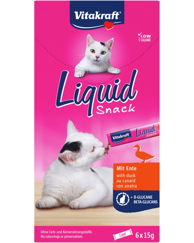 Кремообразни лакомства за котки Vitakraft Liquid Snack Кремообразни лакомства за котки Vitakraft Liquid Snack - 6 x 15 g, с патешко и Бета-глюкани, за над 3 месеца - храна