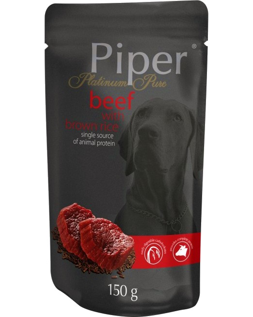 Пауч за кучета Piper Пауч за кучета Piper - 150 и 10 х 150 g, с телешко и кафяв ориз, от серията Platinum Pure, в зряла възраст - храна