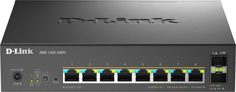 ���� D-Link DMS-1250-10SPL - 8 x 10/100/1000/2500Base-T, 2 x 10GE SFP, 80 Gbps - 