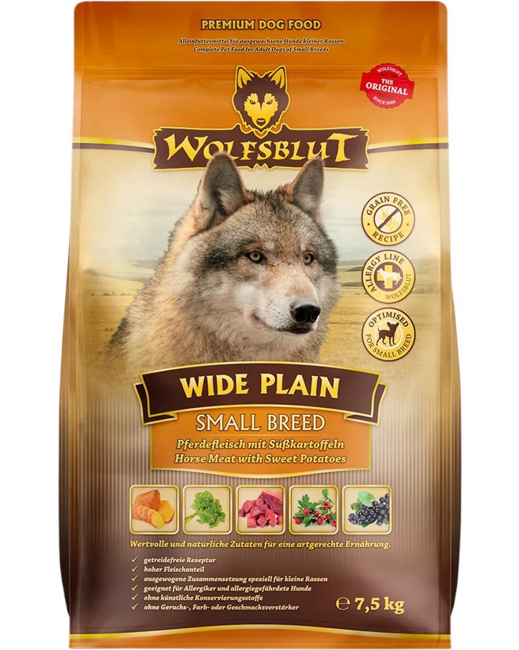 Суха храна за кучета Wolfsblut Wide Plain Small Breed Суха храна за кучета Wolfsblut Wide Plain Small Breed - 7.5 kg, с конско и сладки картофи, за дребни и малки породи - храна