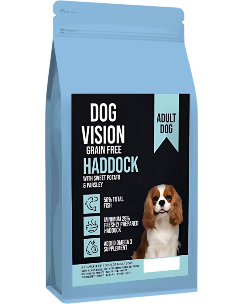 Суха храна за кучета с чувствително храносмилане DOG VISION Grain Free Adult Суха храна за кучета с чувствително храносмилане DOG VISION Grain Free Adult - 2 ÷ 12 kg, с треска, сладък картоф и магданоз, над 1 година, за средни породи - храна