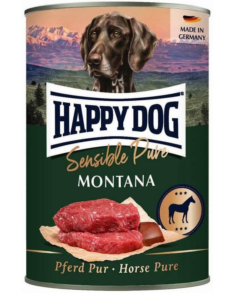 Консерва за кучета с чувствително храносмилане Happy Dog Montana Консерва за кучета с чувствително храносмилане Happy Dog Montana - 200 ÷ 800 g, с конско, от серията Sensible, в зряла възраст - храна