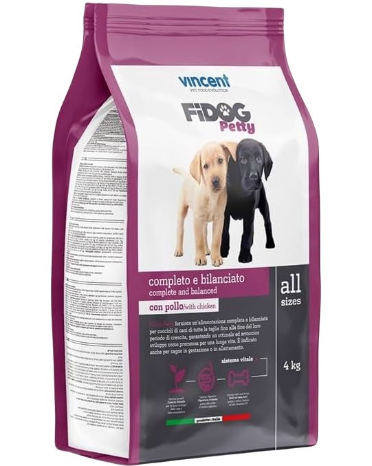 Суха храна за кучета VINCENT Pet Food Fidog Petty Суха храна за кучета VINCENT Pet Food Fidog Petty - 4 и 20 kg, с пилешко, за подрастващи, от всички породи - храна