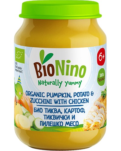 Био пюре от тиква, картоф, тиквички и пилешко BioNino Био пюре от тиква, картоф, тиквички и пилешко BioNino - 190 g, за 6+ месеца - пюре