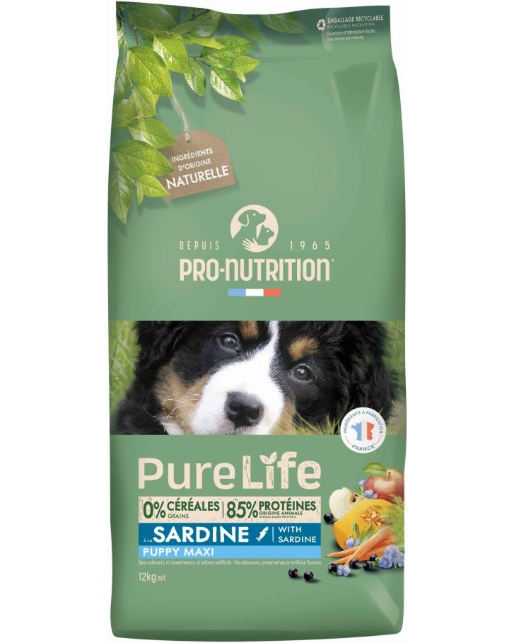 Суха храна за кучета Pro-Nutrition Puppy Maxi Суха храна за кучета Pro-Nutrition Puppy Maxi - 12 kg, със сардини, от серията Pure Life Dog, за едри породи, от 1 до 24 месеца и над 25 kg - храна