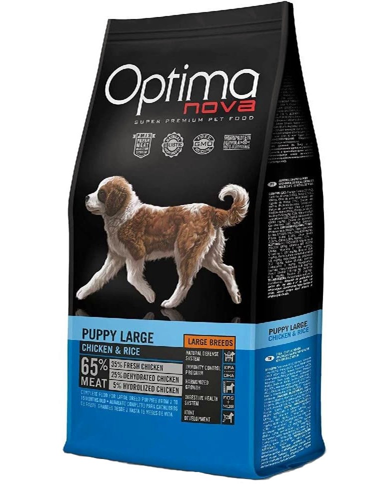 Суха храна за кучета Optima Nova Puppy Large Суха храна за кучета Optima Nova Puppy Large - 2 и 12 kg, с пилешко и ориз, за големи породи, от 2 до 15 месеца - храна