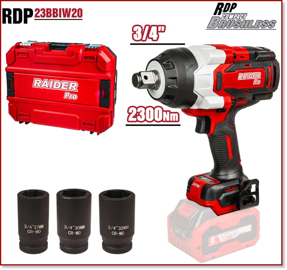 Акумулаторен ударен гайковерт 20V Raider Solo RDP-23BBIW20 Акумулаторен ударен гайковерт 20V Raider Solo RDP-23BBIW20 - С куфар, без батерия и зарядно от серията Pro -