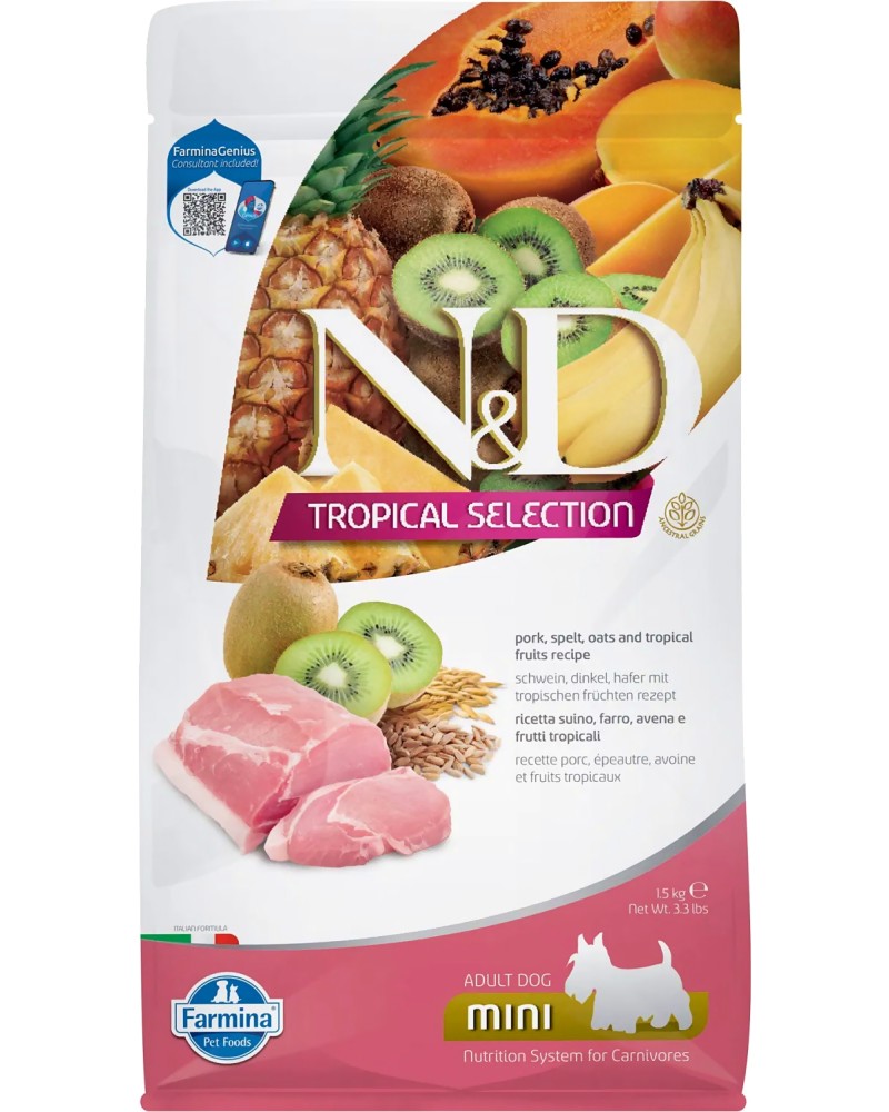 Суха храна за кучета N&D Adult Mini Суха храна за кучета N&D Adult Mini - 1.5 и 5 kg, със свинско, спелта, овес и тропически плодове, от серията Tropical Selection, за дребни породи, над 1 година - храна