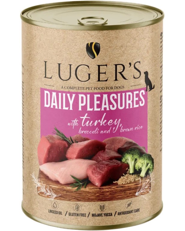 Консерви за кучета Luger's Консерви за кучета Luger's - 6 x 400 и 6 x 800 g, с пуешко, броколи и кафяв ориз, от серията Daily Pleasures, в зряла възраст - храна