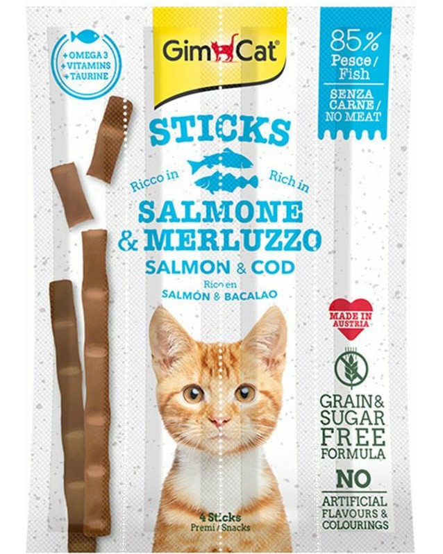Лакомства за котки GimCat Sticks Лакомства за котки GimCat Sticks - 4 x 5 g, със сьомга и атлантическа треска - храна