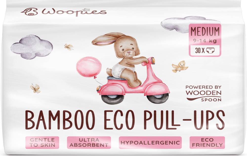 Еко гащички Wooden Spoon Woopies Medium Еко гащички Wooden Spoon Woopies Medium - 30 броя, за бебета 9-14 kg - продукт
