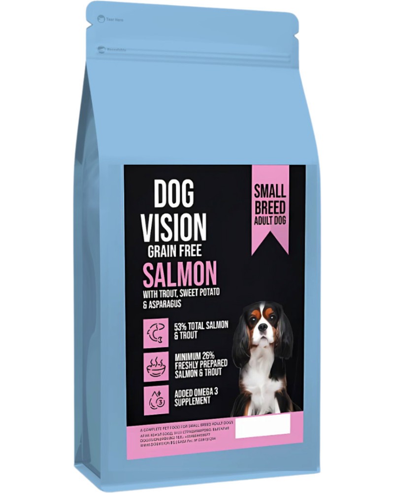 Суха храна за кучета с чувствителен стомах и кожа DOG VISION Grain Free Adult Small Суха храна за кучета с чувствителен стомах и кожа DOG VISION Grain Free Adult Small - 2 и 6 kg, със сьомга, пъстърва, сладък картоф и аспержи, над 1 година, за дребни породи - храна