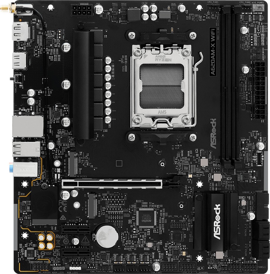 Дънна платка ASRock A620AM-X WIFI Дънна платка ASRock A620AM-X WIFI - AMD AM5, AMD A620A, DDR5, Micro ATX -