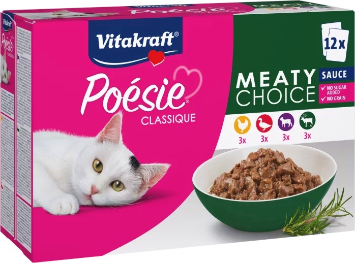 Паучове за котки Vitakraft Classique Multipack Meaty Choice Паучове за котки Vitakraft Classique Multipack Meaty Choice - 12 x 85 g, с пилешко, патешко, агнешко и дивеч в сос, от серията Poesie - храна
