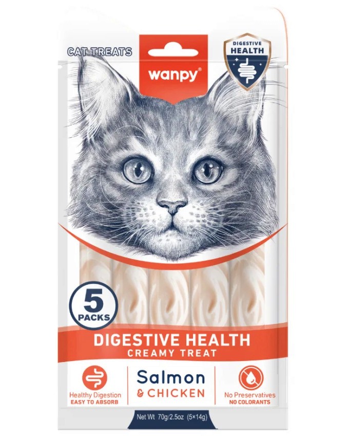Кремообразни лакомства за котки за добро храносмилане Wanpy Digestive Health Кремообразни лакомства за котки за добро храносмилане Wanpy Digestive Health - 5 x 14 g, със сьомга и пилешко, за над 3 месеца - храна