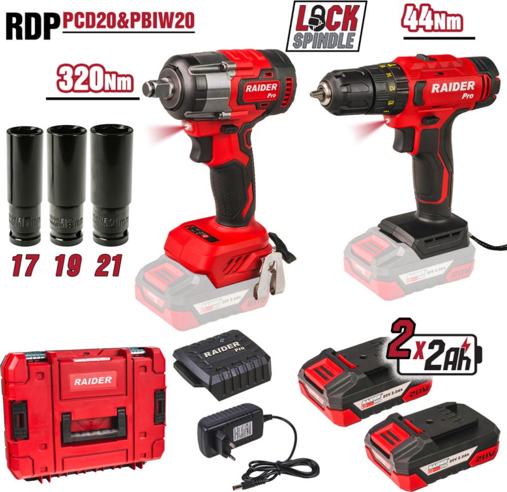 Акумулаторна ударна бормашина и гайковерт Raider RDP-PCD20&PBIW20 Акумулаторна ударна бормашина и гайковерт Raider RDP-PCD20&PBIW20 - Модели RDP-PCD20 и RDP-PBIW20 с 2 батерии и аксесоари от серията Pro -