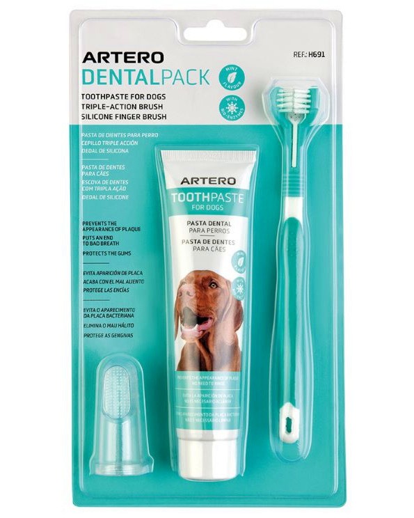 Комплект за дентална хигиена за кучета ARTERO Dental Pack Комплект за дентална хигиена за кучета ARTERO Dental Pack - С четка за зъби, напръстник и паста за зъби с аромат на мента - продукт