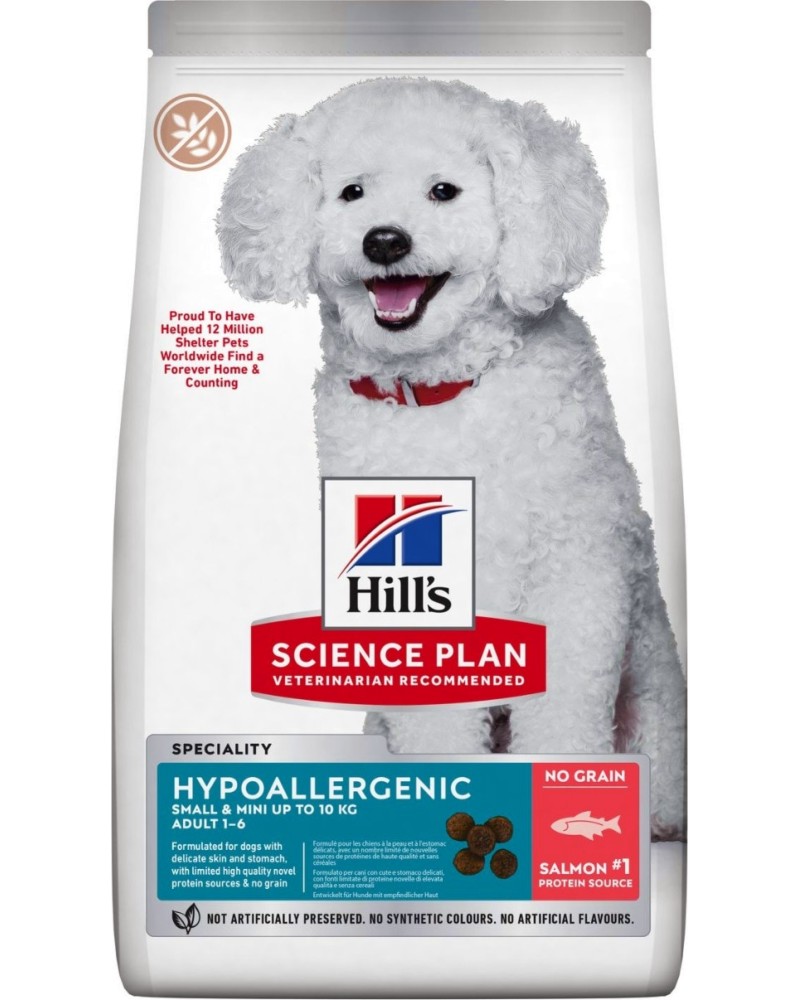 Хипоалергенна суха храна за кучета Hill's Hypoallergenic Small & Mini Adult Хипоалергенна суха храна за кучета Hill's Hypoallergenic Small & Mini Adult - 1.5 и 6 kg, със сьомга, от серията Science Plan, за дребни и малки породи, от 1 до 6 години - храна