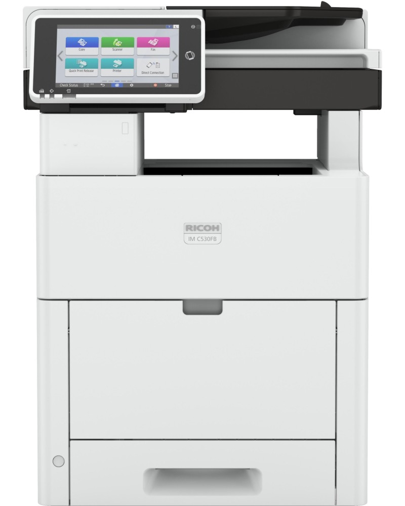 Лазерно мултифункционално устройство RICOH IM C530FB Лазерно мултифункционално устройство RICOH IM C530FB - Цветен принтер / копир / скенер / факс, 1200 x 1200 dpi, 53 pages/min, USB, A4, Wi-Fi -