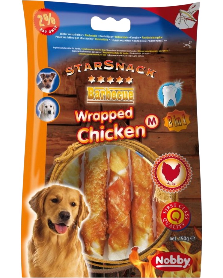 Лакомства за кучета Nobby StarSnack Wrapped Лакомства за кучета Nobby StarSnack Wrapped - 144 и 150 g, с пилешко, от серията Barbecue - храна