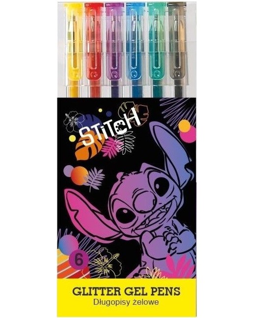 Гел химикалки с брокатен ефект Colorino Kids Гел химикалки с брокатен ефект Colorino Kids - 6 цвята на тема Лило и Стич -