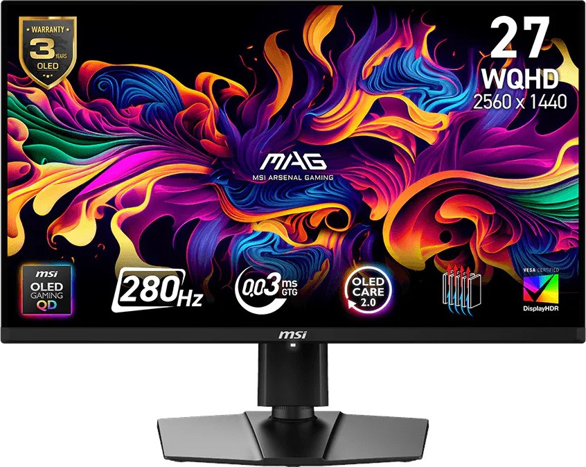 Монитор MSI MAG 271QP QD-OLED X28 Монитор MSI MAG 271QP QD-OLED X28 - 26.5", QD-OLED, 280 Hz, 2560 x 1440, 0.03 ms, 2 x HDMI, DisplayPort, USB-C, AMD FreeSync Premium, NVIDIA G-Sync Compatible -