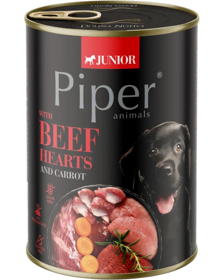 Консерва за кучета Piper Junior Консерва за кучета Piper Junior - 400 g, с говежди сърца и моркови, за подрастващи кучета - храна