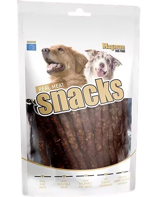 Лакомства за кучета Magnum Real Meat Snacks Лакомства за кучета Magnum Real Meat Snacks - 250 g, с агнешко и ориз - храна